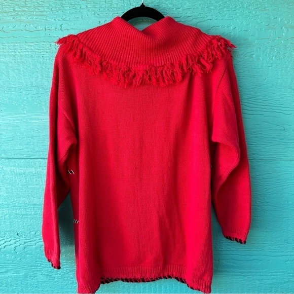 Vintage 80s Victoria Jones BEADED Aztec Fringe Cowlneck Sweater Red SIZE MEDIUM - Picture 2 of 8